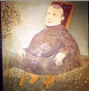 Ю.Петкевич «Портрет толстого лысого человека в красном кресле на фоне весеннего пейзажа»